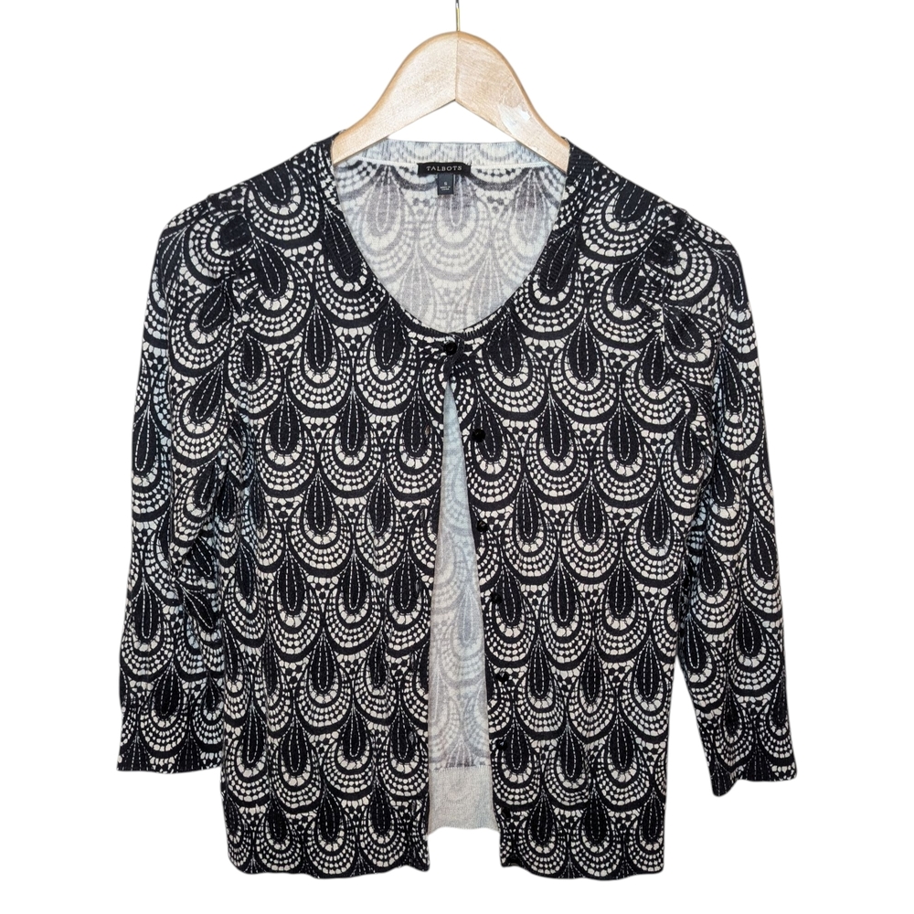 Talbots Cardigan Small Black Ivory 3/4 Sleeve Lightweight Geometric Knit Career - Picture 2 of 7